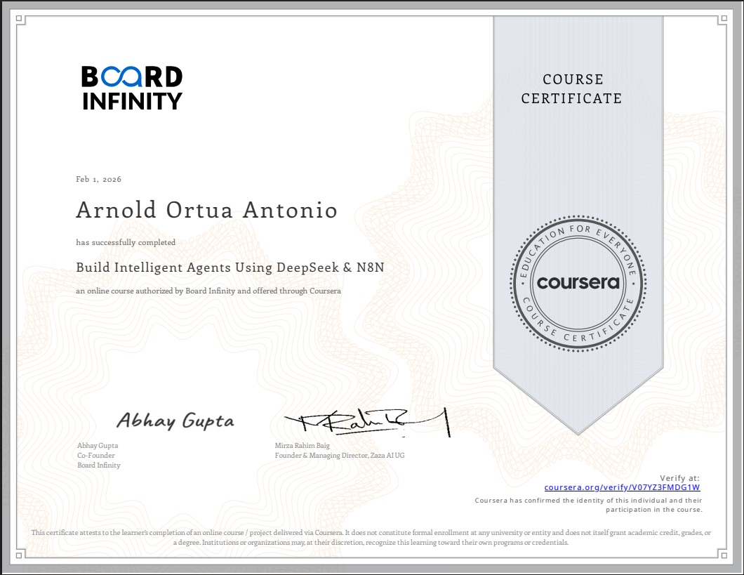 Build Intelligent Agents Using DeepSeek & N8N certificate from Board Infinity · Coursera