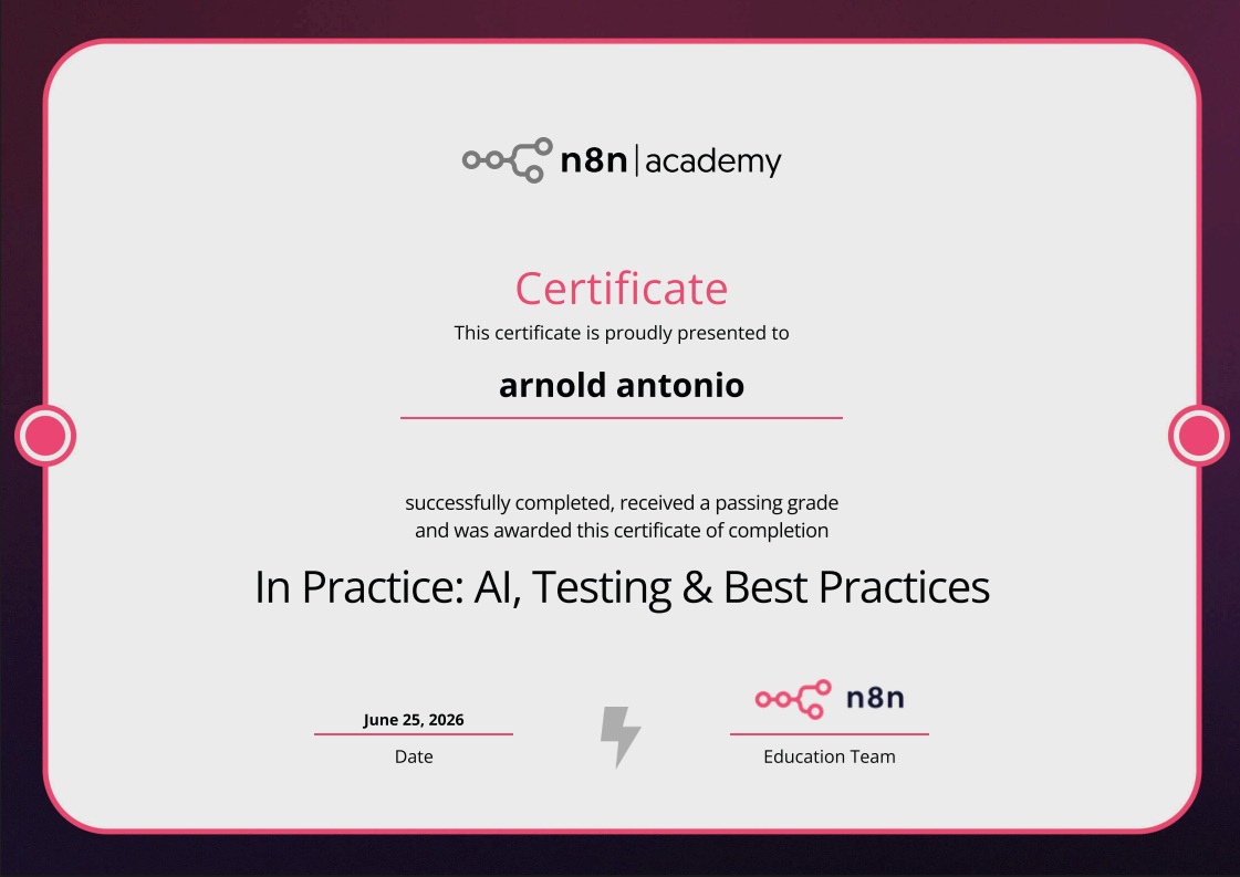 In Practice: AI, Testing & Best Practices certificate from n8n Academy