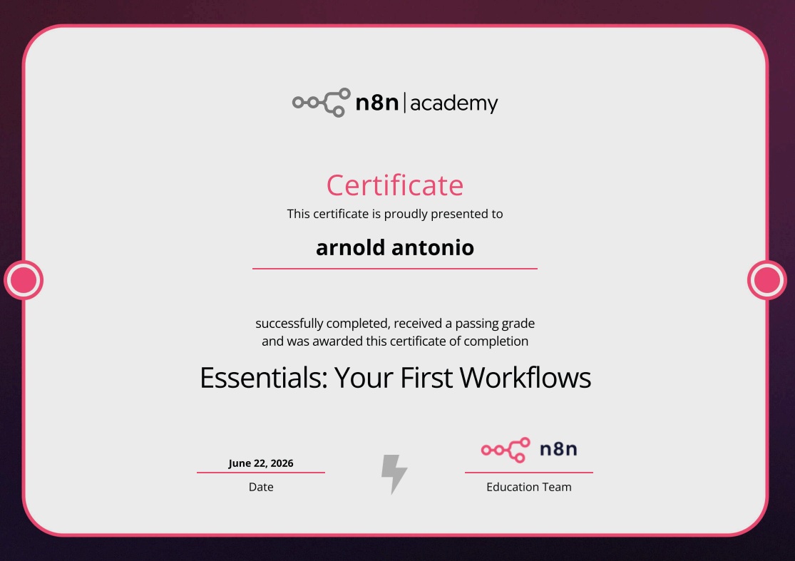 Essentials: Your First Workflows certificate from n8n Academy